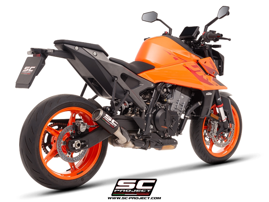 KTM 990 Duke with SC-Project CR-T carbon exhaust, with stoneguard grid, 3/4 rear view
