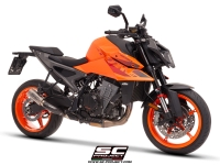 KTM 990 Duke with SC-Project CR-T titanium exhaust, with stoneguard grid, 3/4 front view